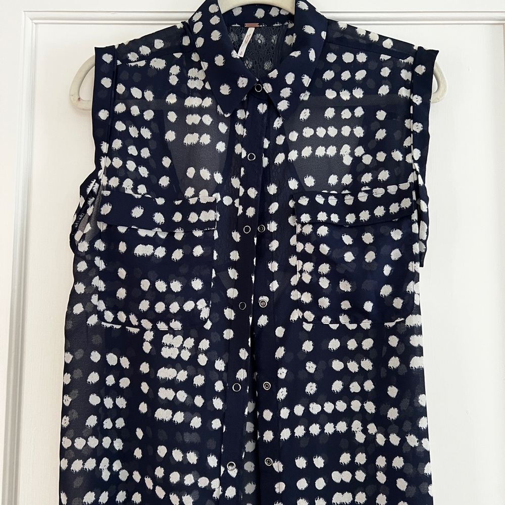Navy and White Polka Dot Sleeveless Blouse